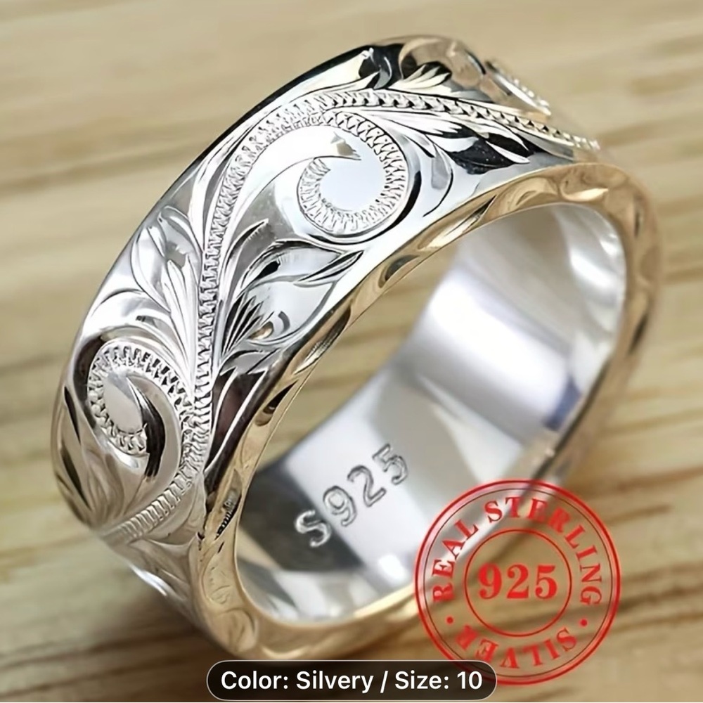 This is a sterling silver carved leaf hand-engraved men ring - Picture 9 of 16
